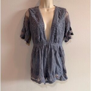 The Impeccable Pig Embroidered Lace Romper Womens XS Dusty Blue Festival Boho